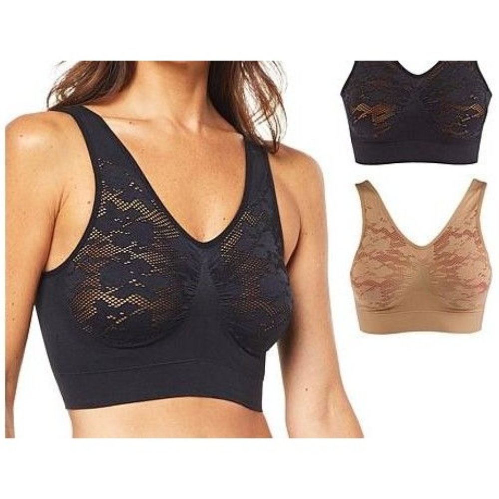 Rhonda Shear 2pk Seamless Ahh Bra w/Lace Detail 811-209 Blk & Beige Medium